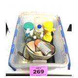 PLASTIC TOTE OF CLEANING SUPPLIES AND LIGHT