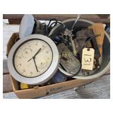 BOX OF PARTS, JARS AND CLOCK