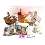 BASKETS, WATER CAN, BOOKS, DECORATIONS