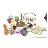 METAL TRIVET, WIRE DECORATIONS, COPPER CREAMER ETC
