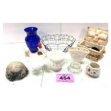 COBALT VASE, SM SEWING BOX, GLASSWARE