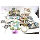 WOOD DECORATIONS, DOLLS, PITCHER, ETC.