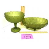 GREEN SATIN GLASS COMPOTE AND FRUIT BOWL