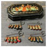 Hand Painted Box w/ (4) Russian Nesting Pins