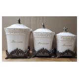 3-Pc Faith Ceramic Canisters w/ Cast Iron Bases