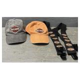 (2) Harley Davidson Hats + Suspenders