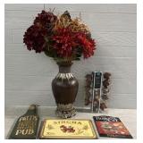 (3) Beer Signs, String Lights & Vase w/ Floral Pcs