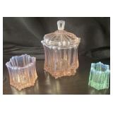 (3) Pink & Blue Opalescent Glass Jars