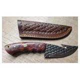 Damascus Steel Guthook Hunter Knife w/ Sheath