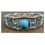 Turquoise Silver Tone Beaded Feather Bracelet