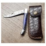 Damascus Toothpick Folding Knife w/Sheath