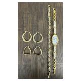 Gold Tone Watch&Bracelet w/ (2) Sterling Earrings