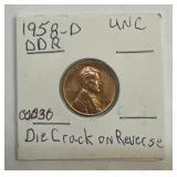 1958-D Lincoln Wheat Cent Unc Die Crack Reverse