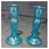 Pair of Vintage Blue Glass Candle Stick Holders