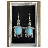 Turquoise Silver Tone Turtle Earrings