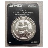 1 oz 2020 Silver BVI Mayflower Round 409 Annv.