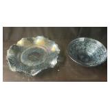 (2) Blue Carnival Glass Dish & Bowl