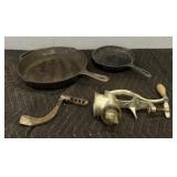 (4) Cast Iron Pans, Grinder & Handle