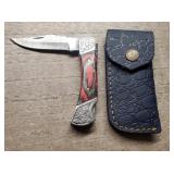 Damascus Folding Knife w/Sheath #1