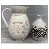 (2) Ornate Pottery Vase & Pitcher