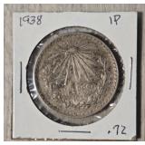 1938 Un Peso Silver Coin: 72% Silver