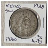 1938 Un Peso Silver Coin w/ 72% Silver