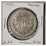 1934 Un Peso Silver Coin: 72% Silver