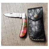 Damascus Folding Knife w/ Sheath #2