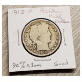 1912-P Barber Half-Dollar 90% Silver Good