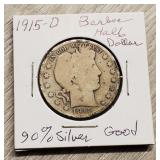 1915-D Barber Half-Dollar 90% Silver Good