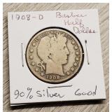 1908-D Barber Half-Dollar 90% Silver Good