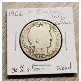 1906-P Barber Half-Dollar 90% Silver Good