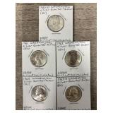 (5) Washington Silver Quarter Dollars (BU)