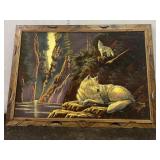 Vintage Framed Wolf Painting on Velvet