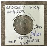 1944 India Half Rupee Silver Coin