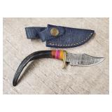Damascus Fixed Blade Curved Handle Knife w/ Sheath