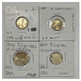(4) 1944 Philippines 10 Centavos Coins