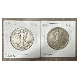 1942-D & 1943 90% Silver W.L. Half Dollars