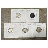 (5) 1916- 1917 90% Silver Mercury Dimes