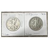 1938 & 1939-S 90% Silver W.L. Half Dollars