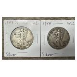 1943-S & 1944 90% Silver W.L. Half Dollars