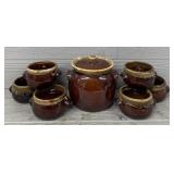 (7) Piece Brown Drip Glaze Lidded Pot & Bows