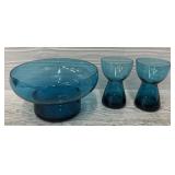 Blue Glass Bowl w/ (2) Matching Glasses