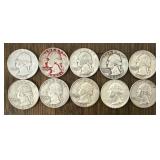 (10) 90% Silver Washington Quarters