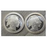 (2) One Ounce Silver Rounds: Indian/Buffalo