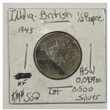 1943 British India 1/2 Rupee .500 ASW Silver