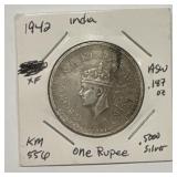1942 India 1 Rupee ASW 0.187 Silver Coin