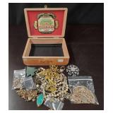 Cigar Box w/ Variety of Old School Jewelry