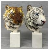 (2) Hand Painted Resin Tiger Head Sculptures