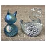 (2) Glass Paper Weights- Cat & Swan